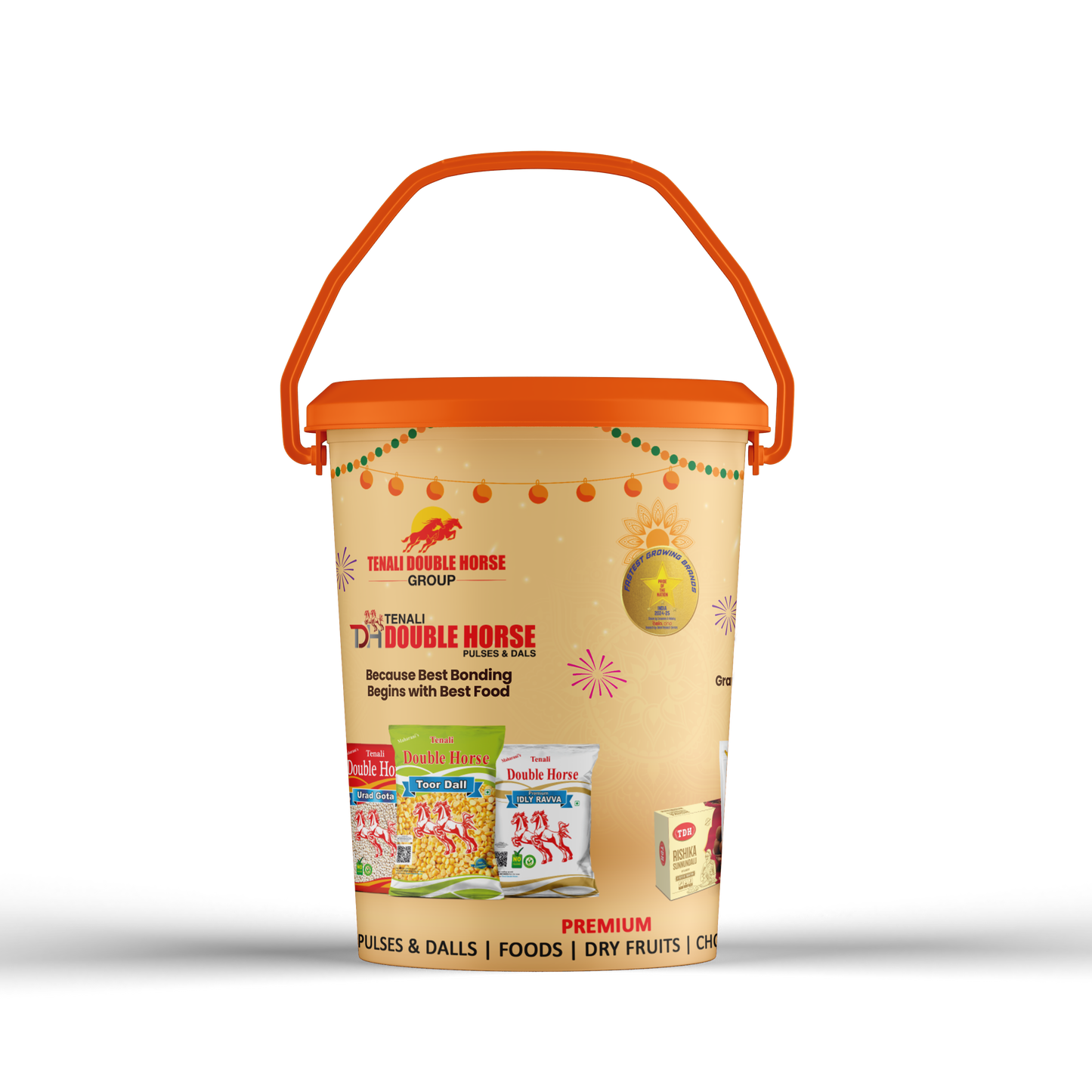 Yellow storage bucket with orange lid featuring Double Horse branding on a white background