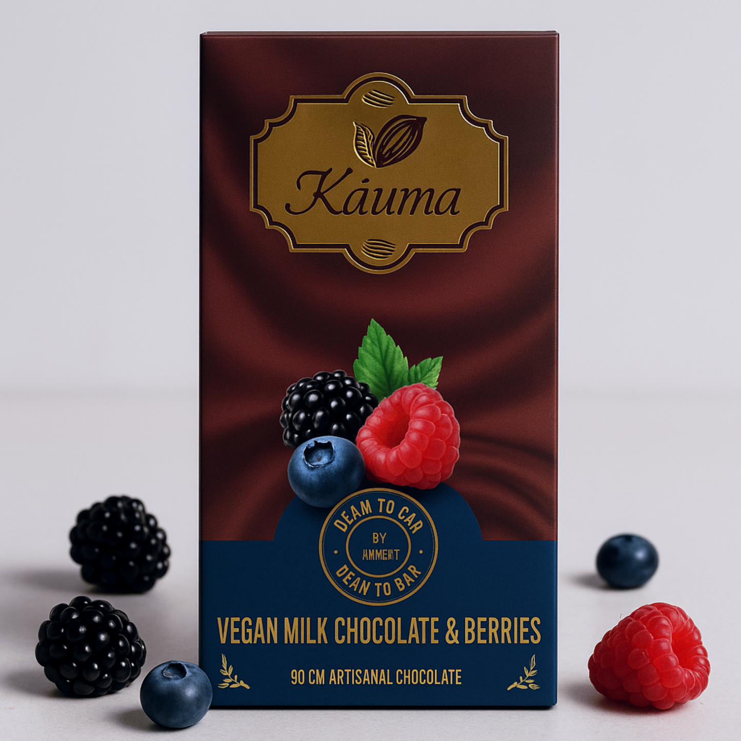 kauma vegan milk chocolate and berries packaging with berries on a white background