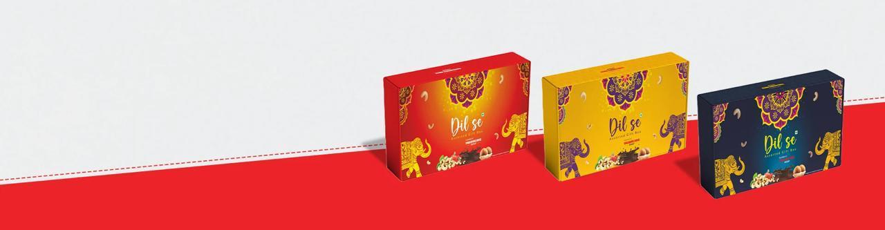 Three colorful boxes with 'Dulce' branding on a red and white background