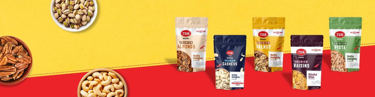 Assorted snack packages on a red and yellow background