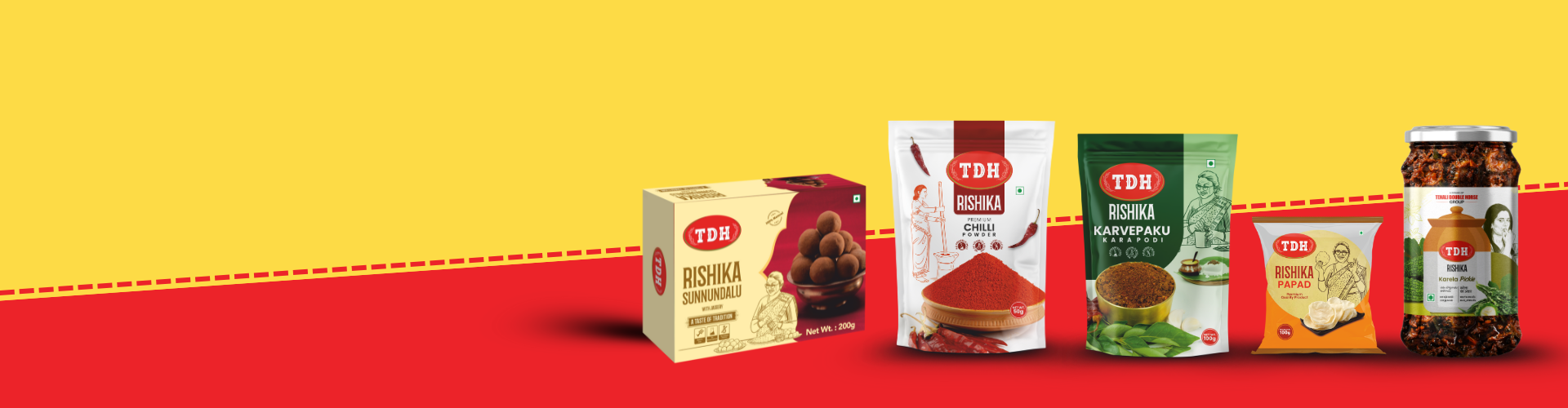 Collection of TDH products including boxes, packets, and jars on a yellow and red background.