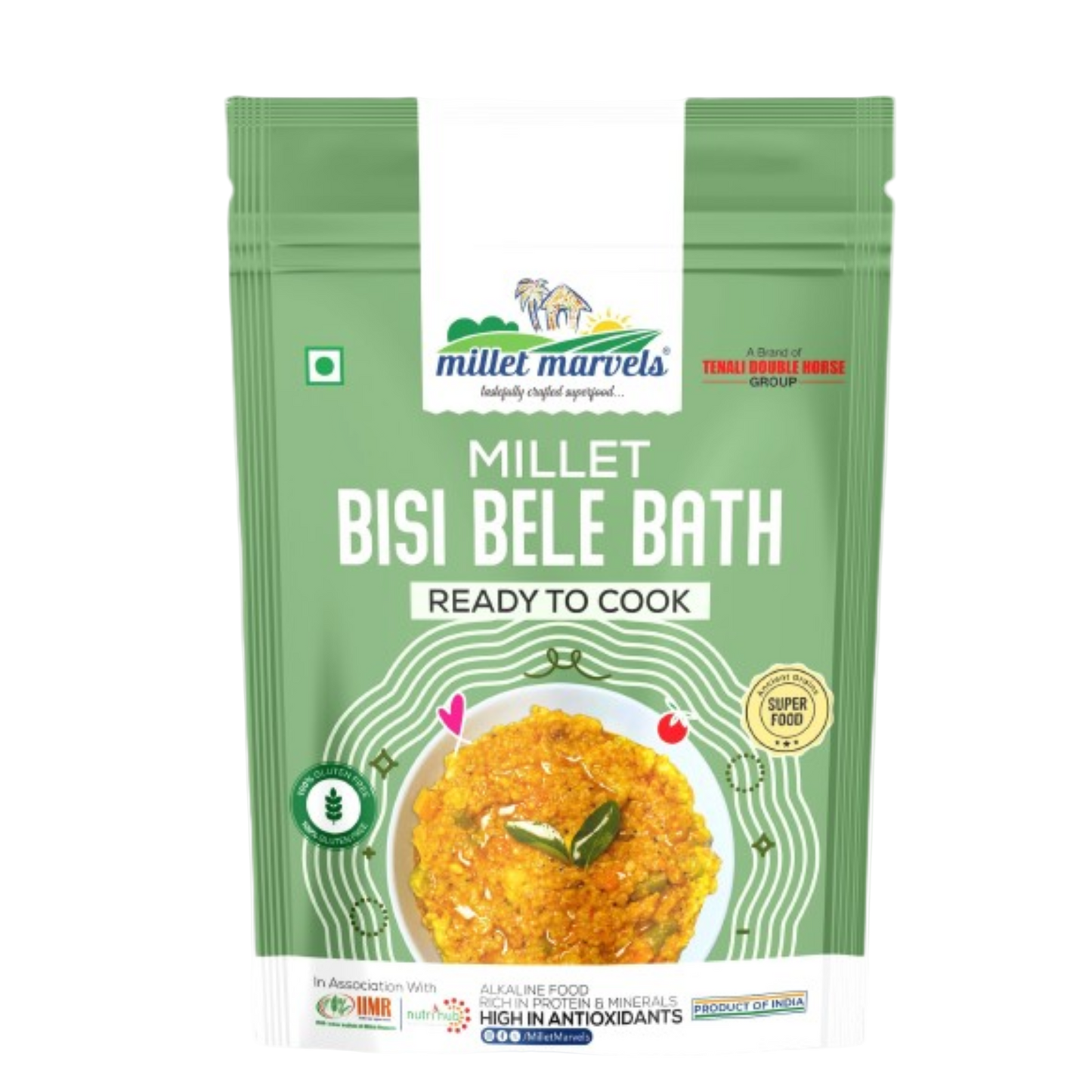 Green package of Millet Bisi Bele Bath from Millet Marvels on a white background
