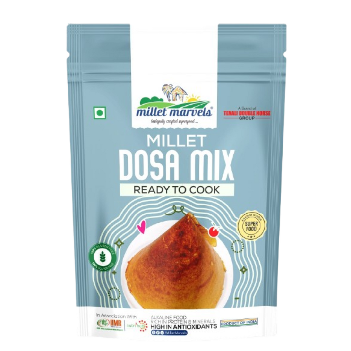 Millet Dosa Mix packaging with branding and product details on a white background