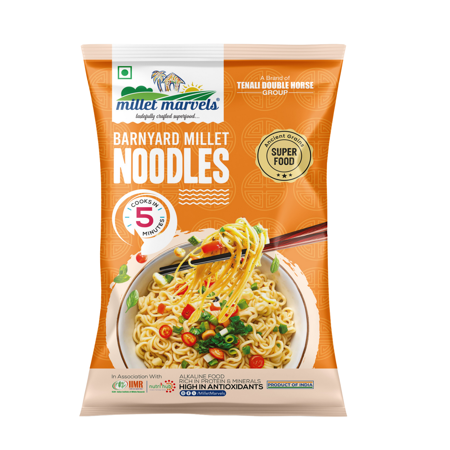 Packaging of Millet Marvels Barnyard Millet Noodles with a bowl of noodles on an orange background.