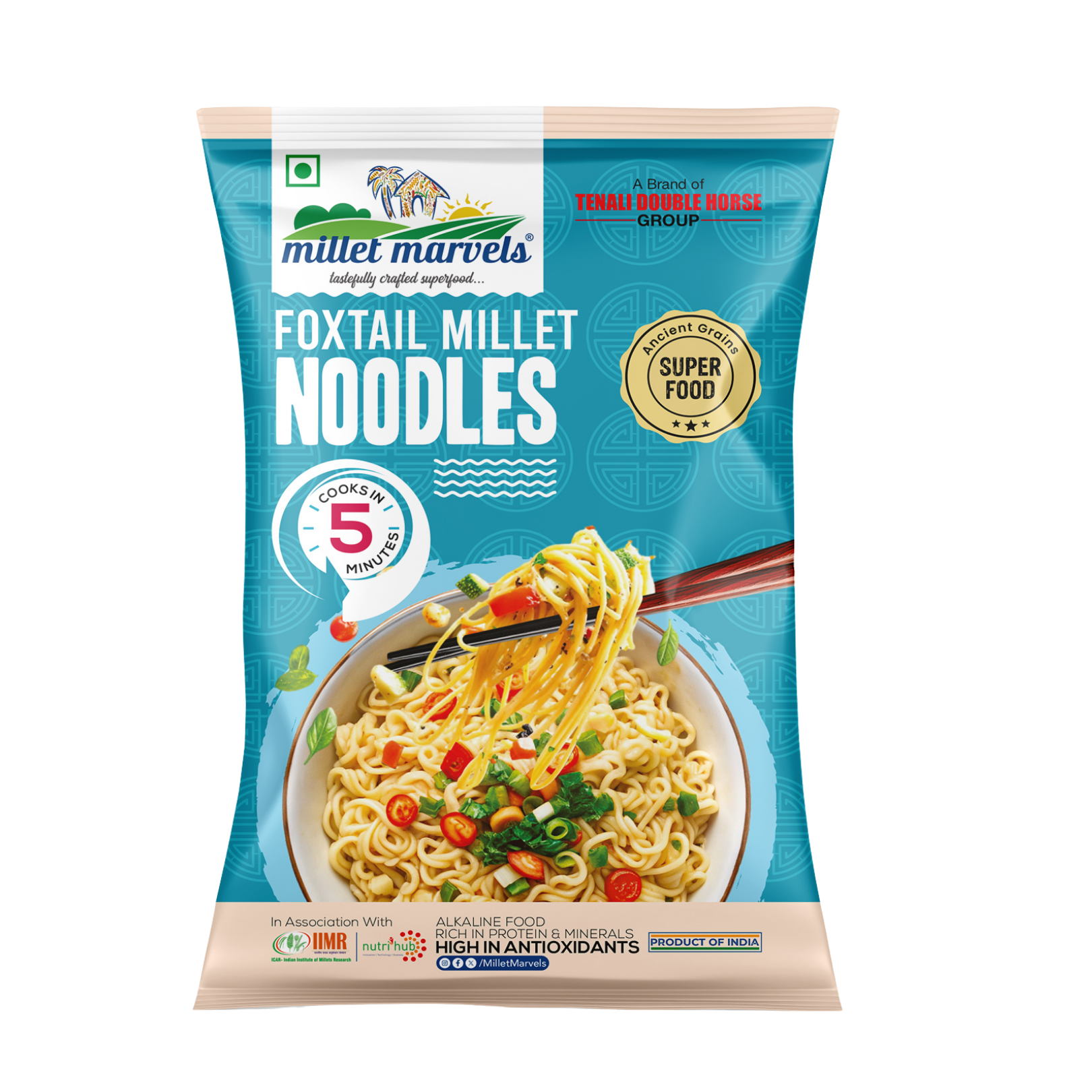 Packaging of miller marvels foxtail millet noodles with a bowl of noodles on a white background
