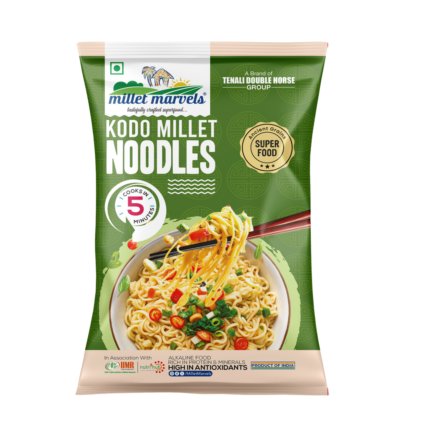 Packaging of Kodo Millet Noodles with green and white design