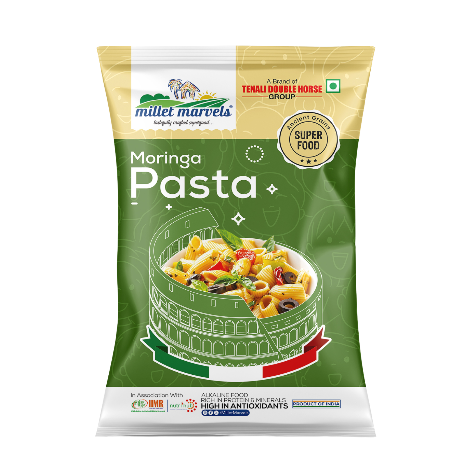Moringa Pasta package with green and gold design on a white background