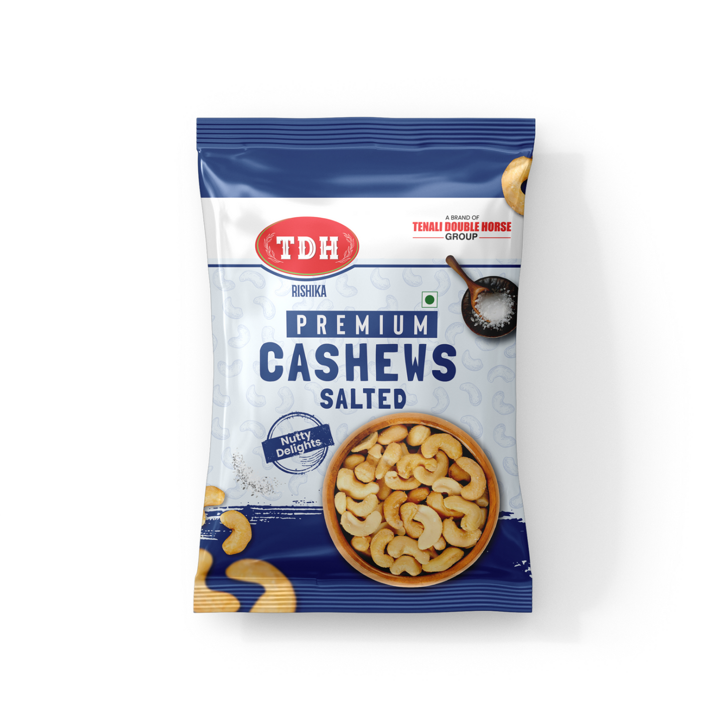 Packaged salted cashews with TDH branding on a white background