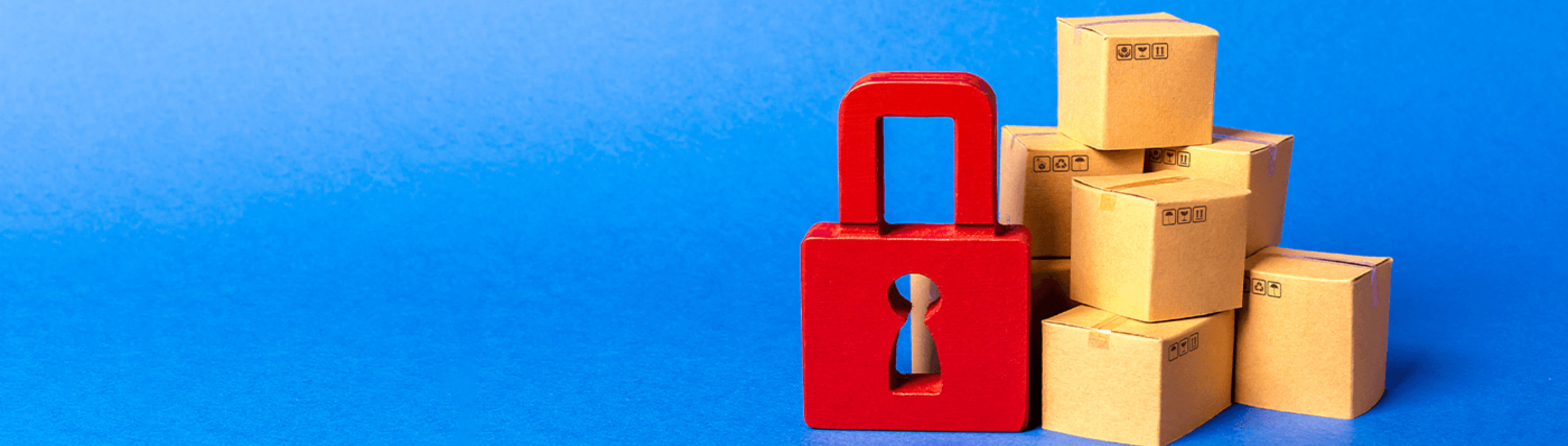 Stack of cardboard boxes with a red lock on a blue background