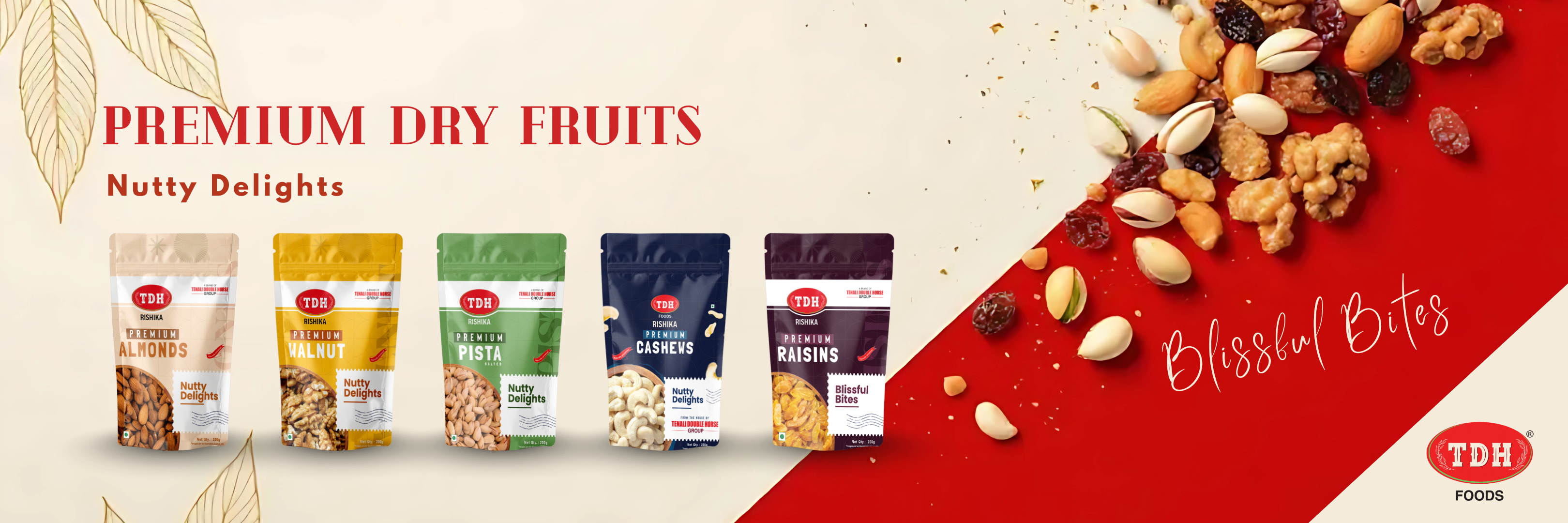 Packaging of TDH Foods premium dry fruits with a red and beige background