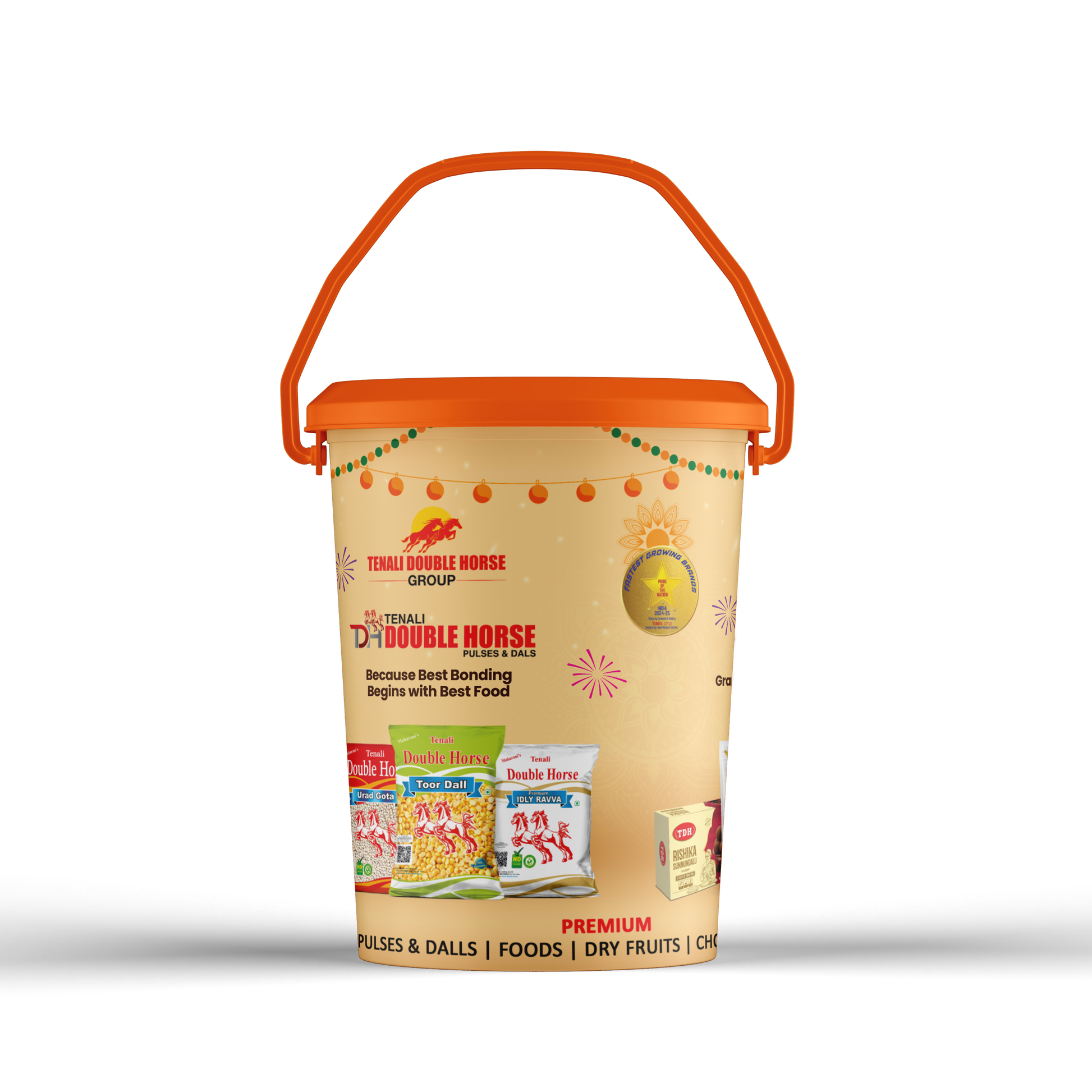 Yellow storage bucket with orange lid featuring Double Horse branding on a white background