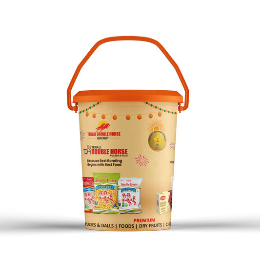 Yellow storage bucket with orange lid featuring Double Horse branding on a white background