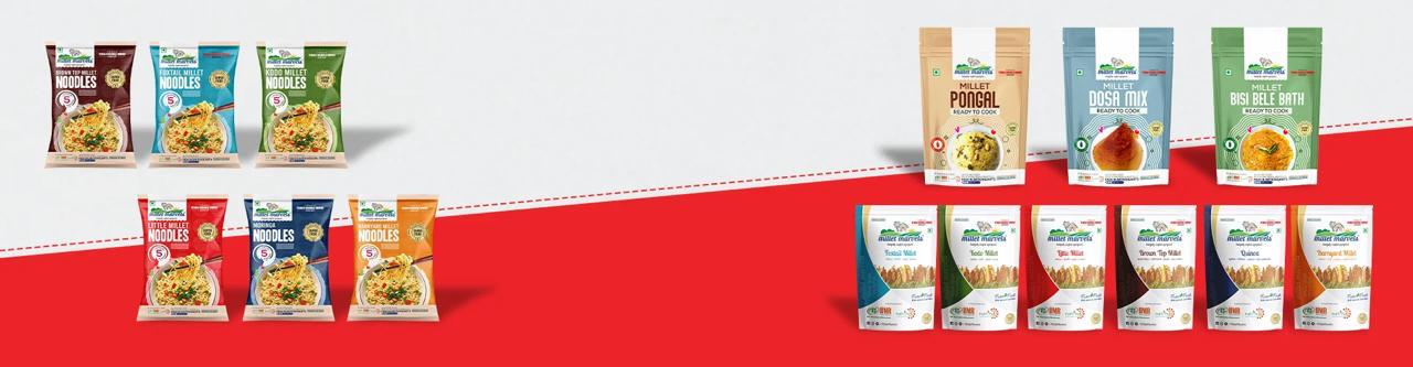 Assorted snack packages on a red and gray background