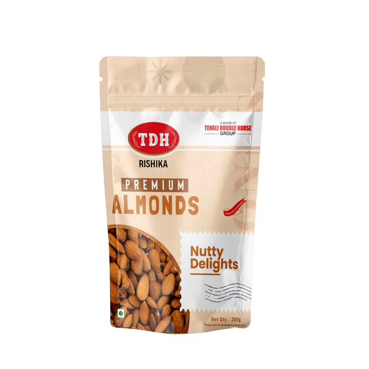 Packaging of TDH Rishika Premium Almonds on a white background