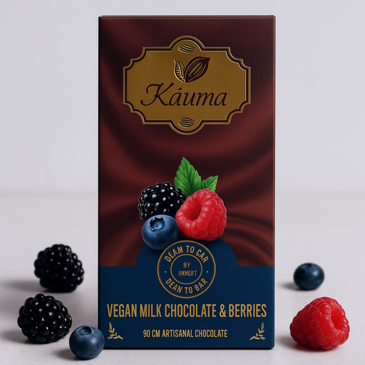 kauma vegan milk chocolate and berries packaging with berries on a white background