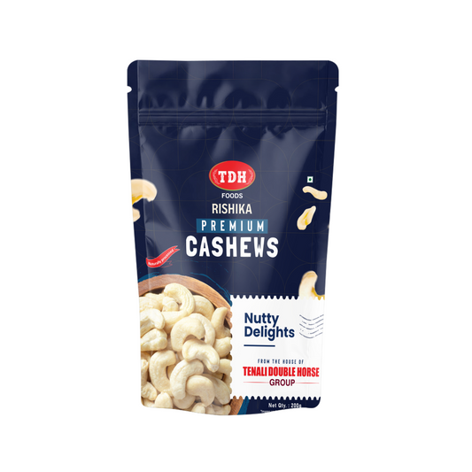 Packaging of TDH Foods Rishika Premium Cashews on a white background