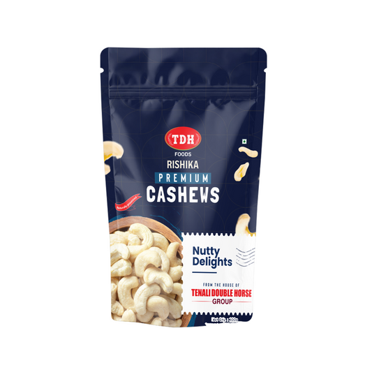 Packaging of TDH Foods Rishika Premium Cashews on a white background