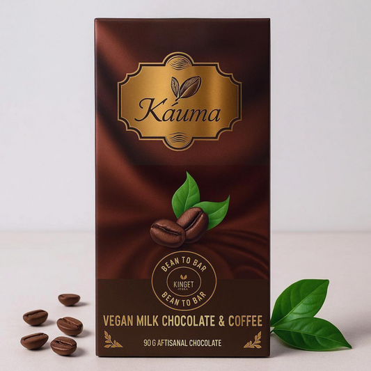 Chocolate bar packaging with 'Kauma' branding on a white background