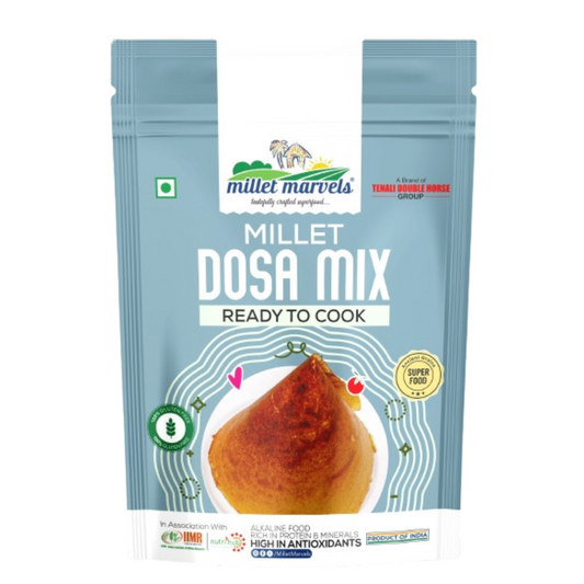 Millet Dosa Mix packaging with branding and product details on a white background