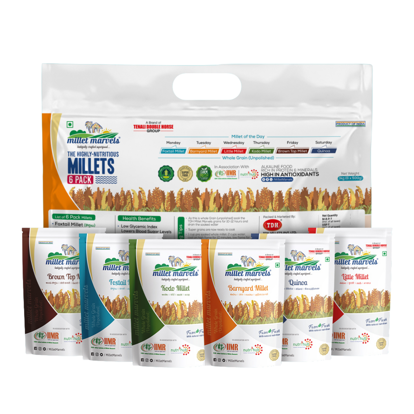 Packaging of Miller Marvels millets with multiple product packages displayed.