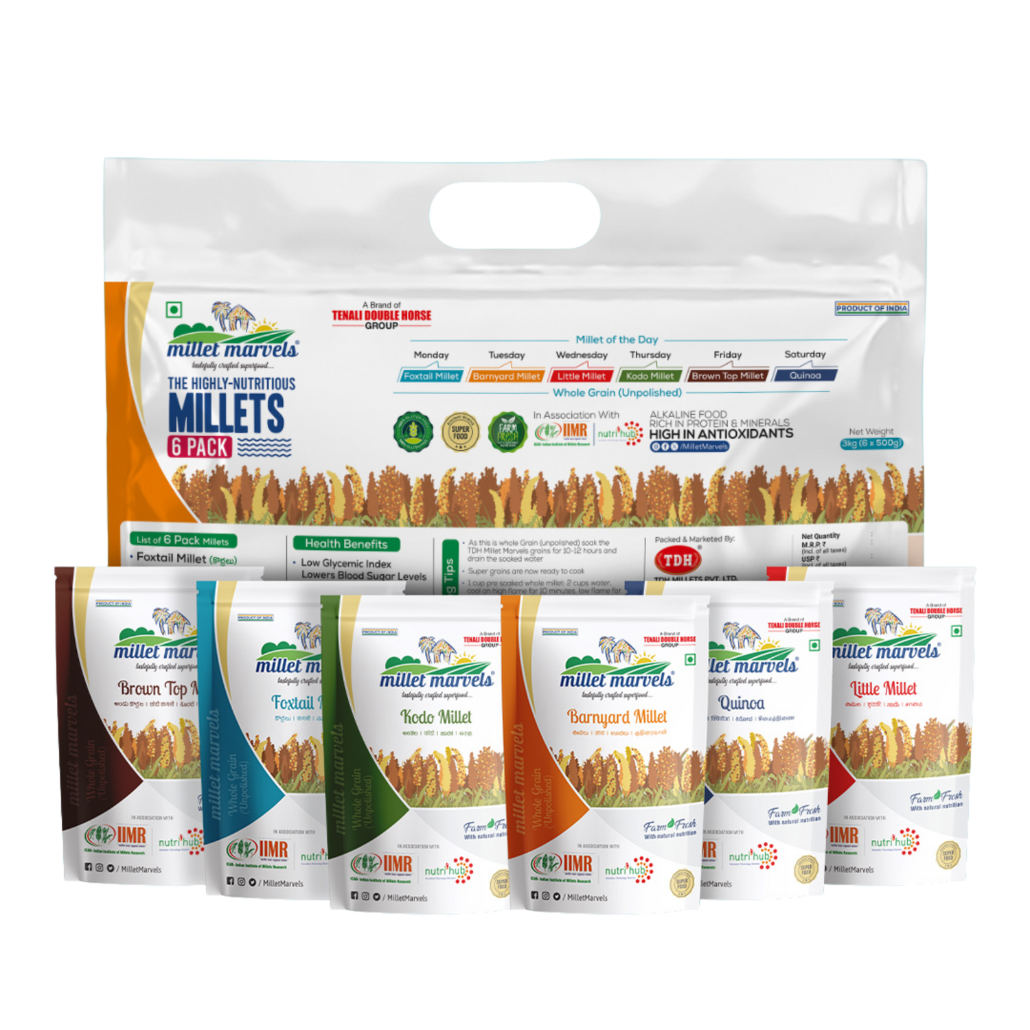 Packaging of Miller Marvels millets with multiple product packages displayed.