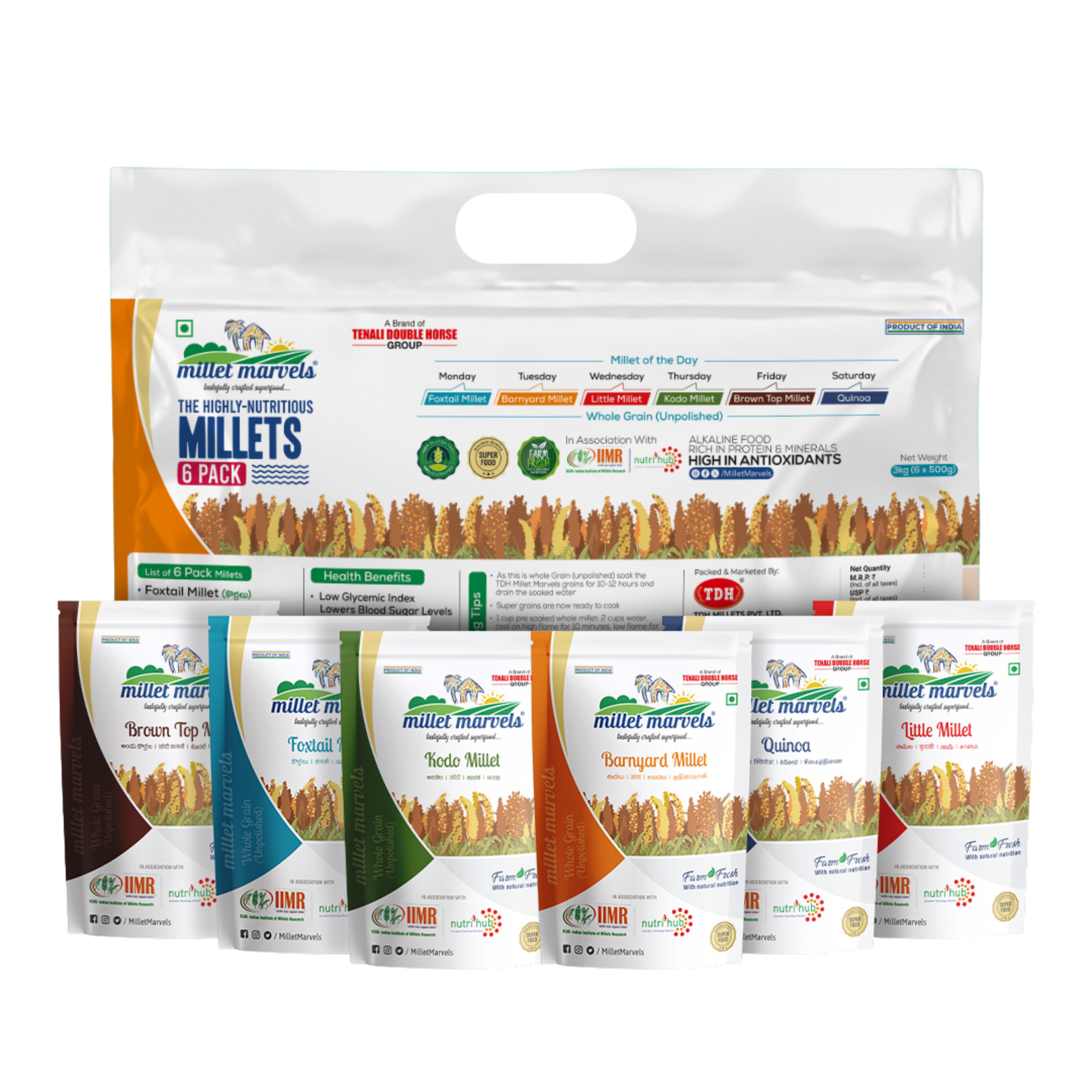 Packaging of Miller Marvels millets with multiple product packages displayed.