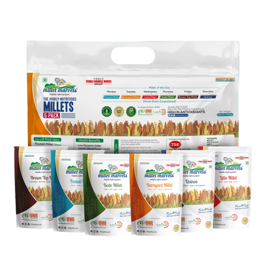 Packaging of Miller Marvels millets with multiple product packages displayed.