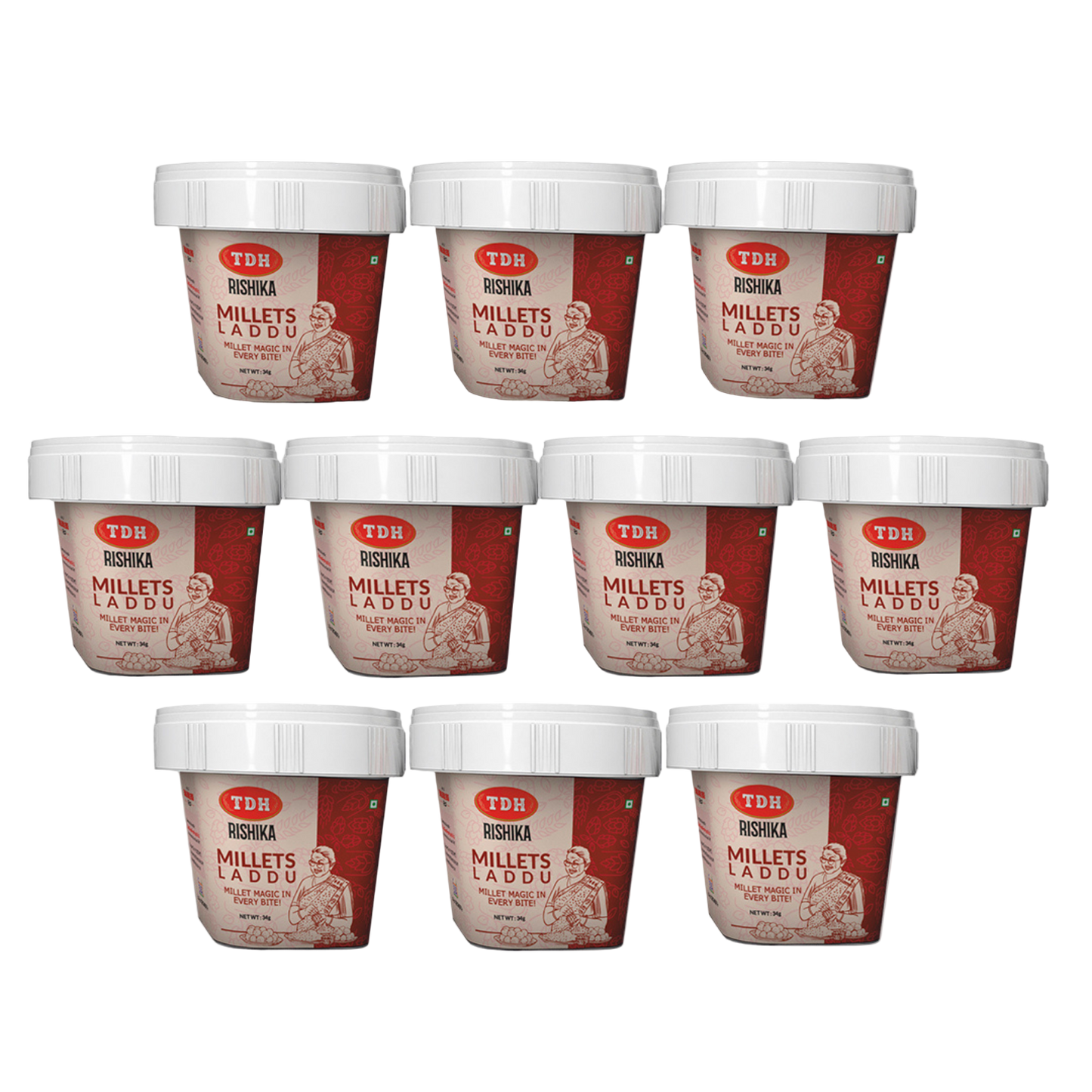 Multiple containers of TDH Bishika Millets Laddu on a white background