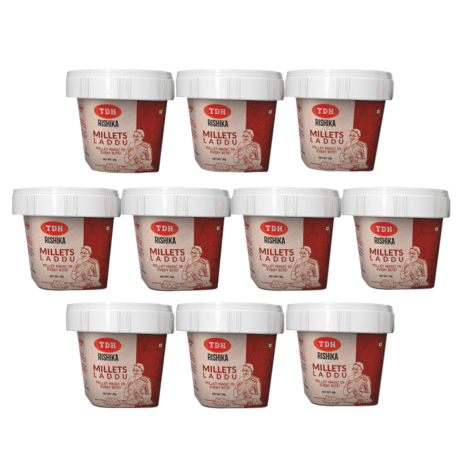 Multiple containers of TDH Bishika Millets Laddu on a white background