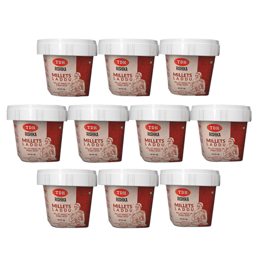 Multiple containers of TDH Bishika Millets Laddu on a white background
