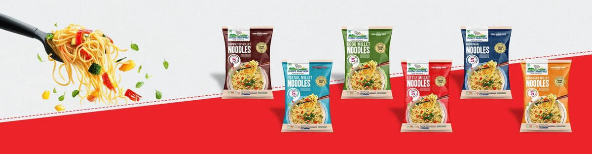 Row of packaged noodles with a red background
