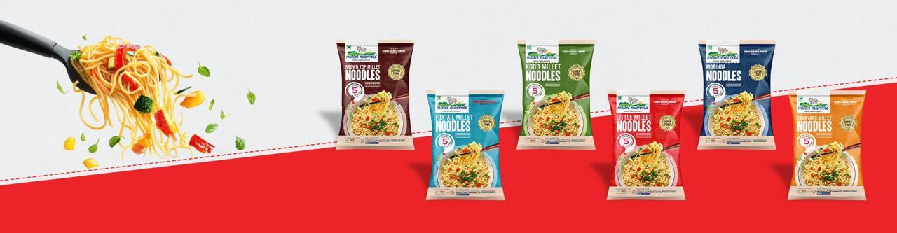 Row of packaged noodles with a red background