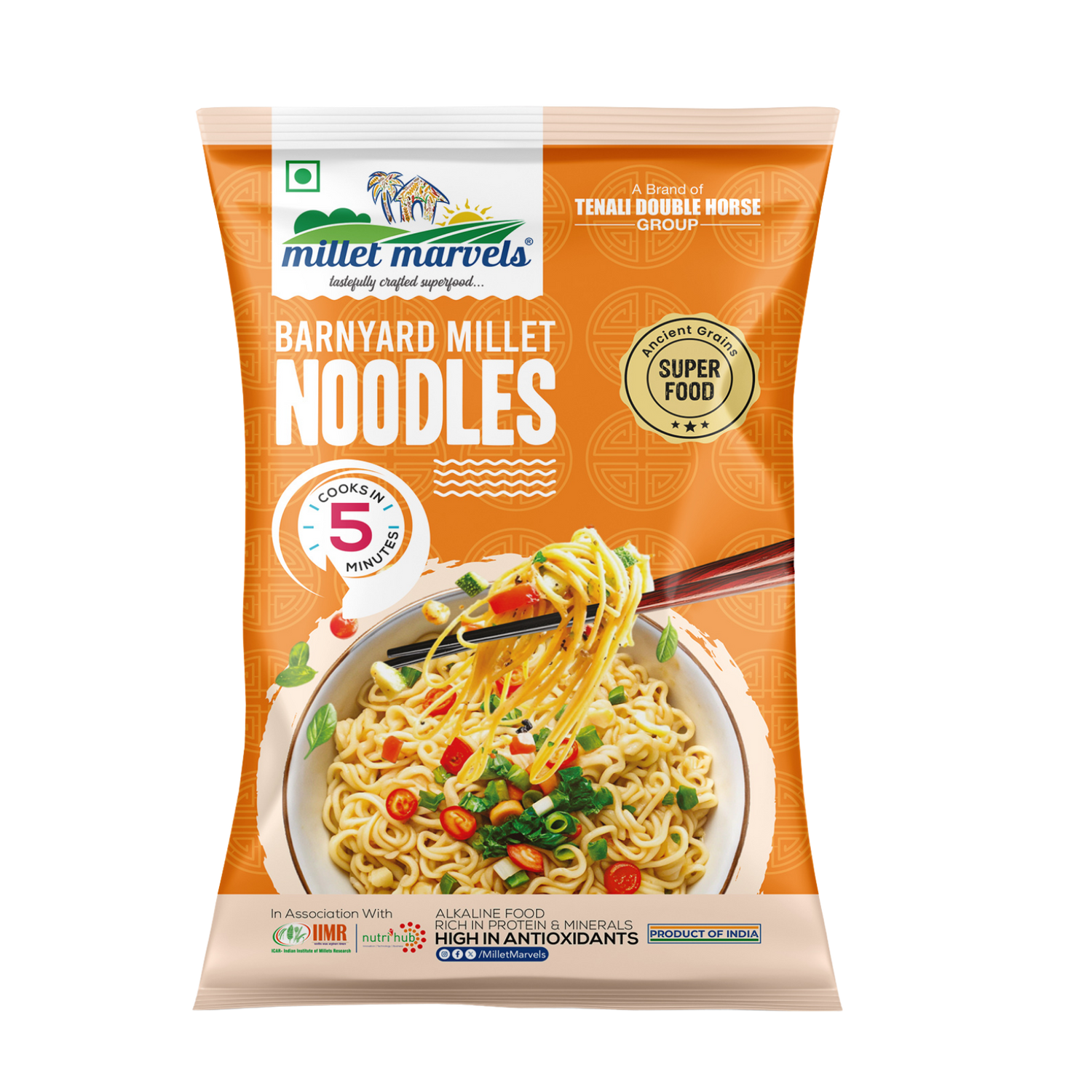 Packaging of Millet Marvels Barnyard Millet Noodles with a bowl of noodles on an orange background.