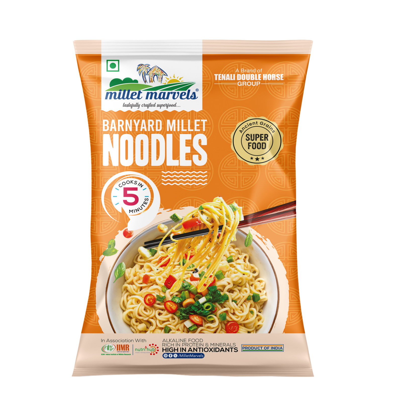 Packaging of Millet Marvels Barnyard Millet Noodles with a bowl of noodles on an orange background.