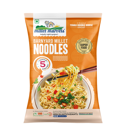 Packaging of Millet Marvels Barnyard Millet Noodles with a bowl of noodles on an orange background.