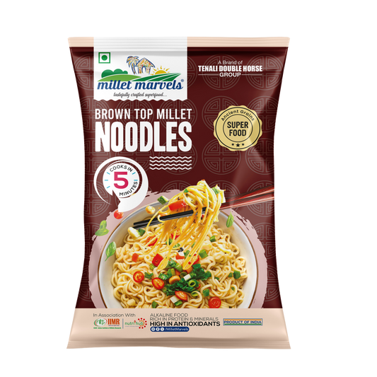 Packaging of Brown Top Millet Noodles with branding and product details on a white background