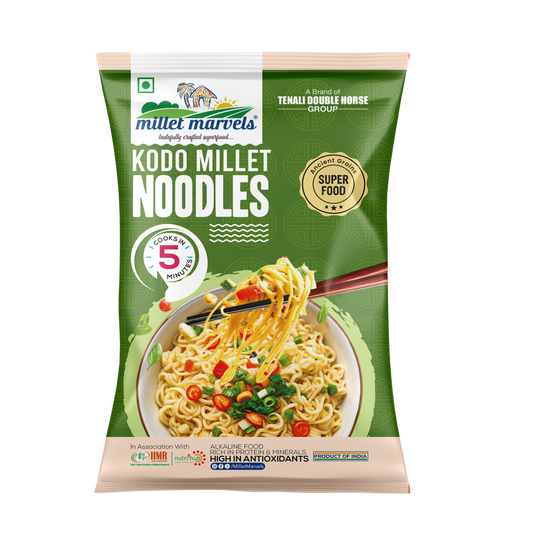 Packaging of Kodo Millet Noodles with green and white design