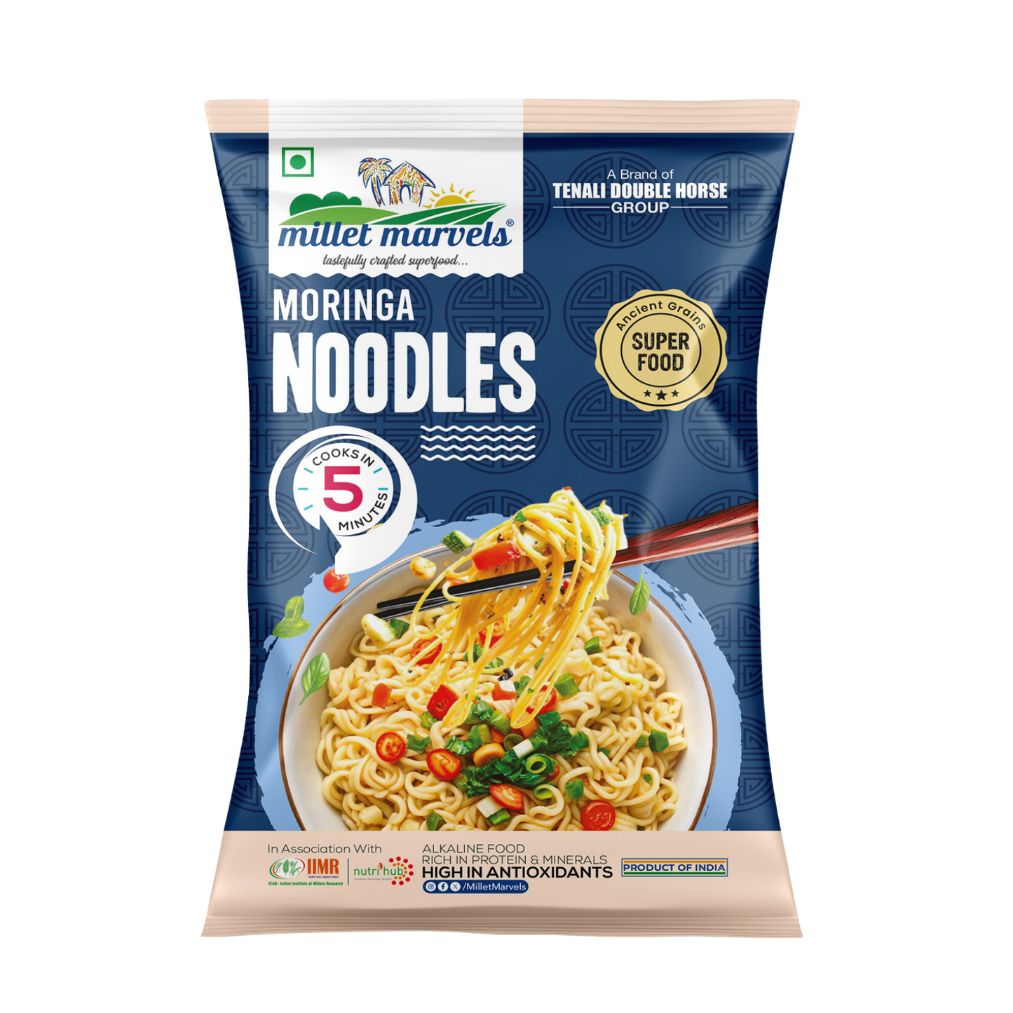Packaging of millet marvels moringa noodles with a bowl of noodles on a blue background