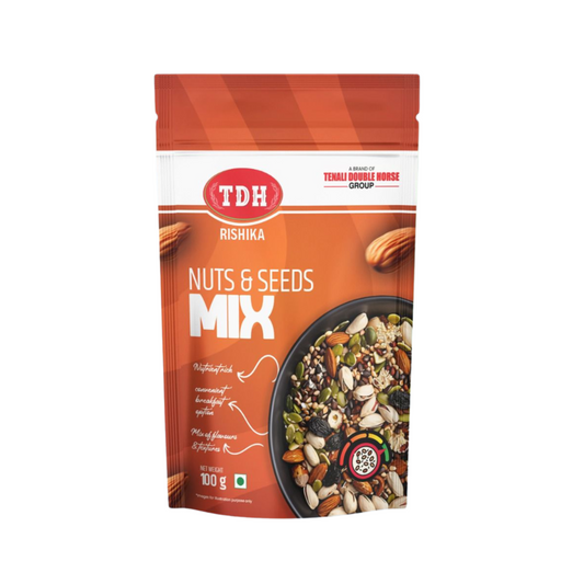 Packaged nuts and seeds mix with TDH branding on a white background
