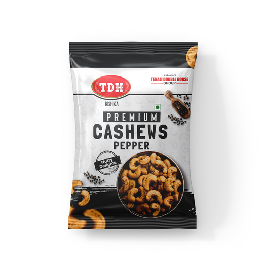 Packaged cashews with pepper flavor on a white background
