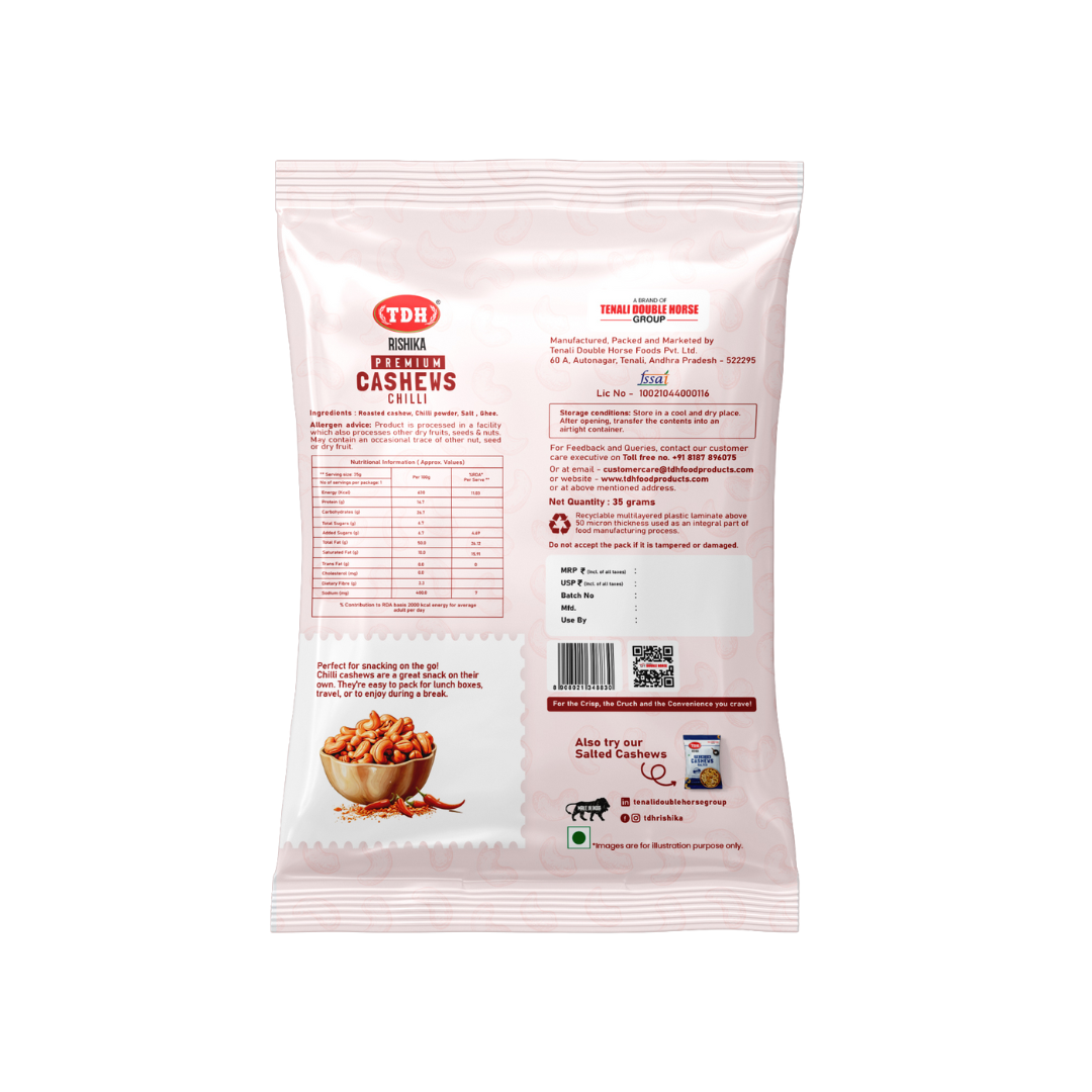 Back view of a TDP Roasted Cashews packaging on a white background