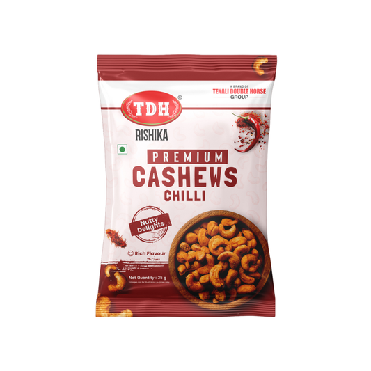 Packaged cashews with 'TDH' branding on a white background