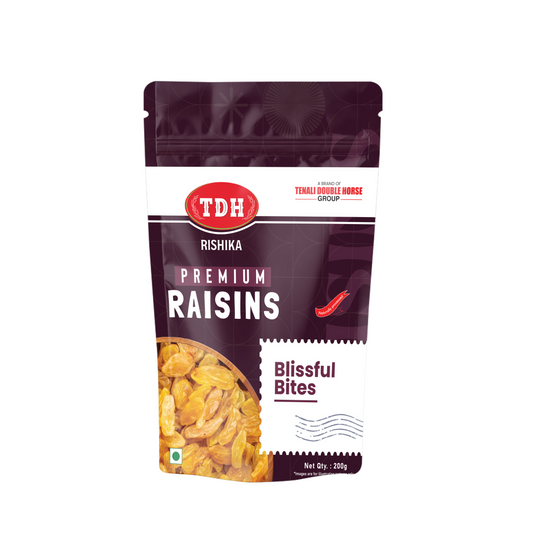 Packaging of TDH Rishika Premium Raisins on a white background