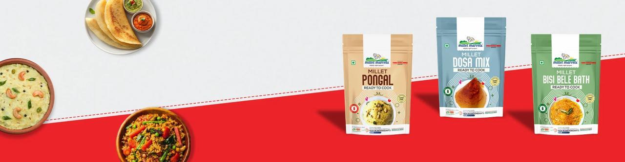Packaged food items on a red background