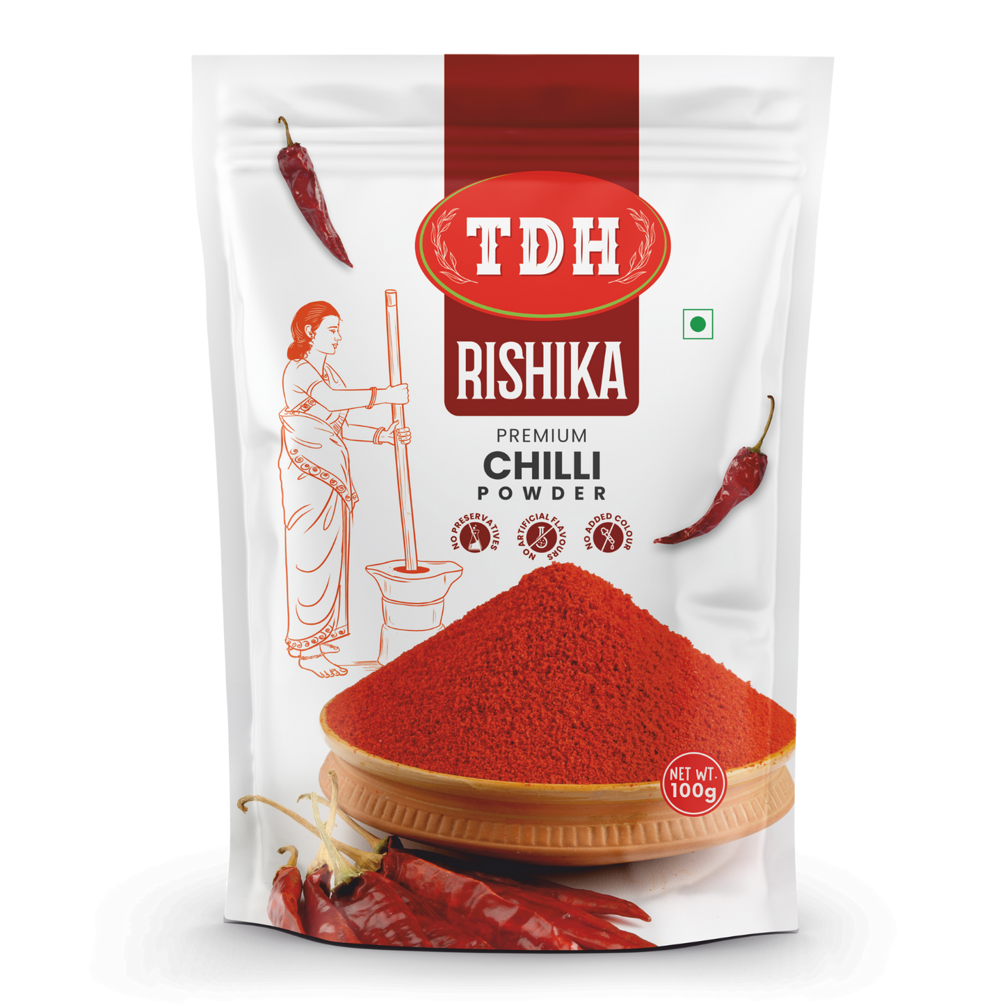 TDH Rishika Premium Chilli Powder packaging on a white background