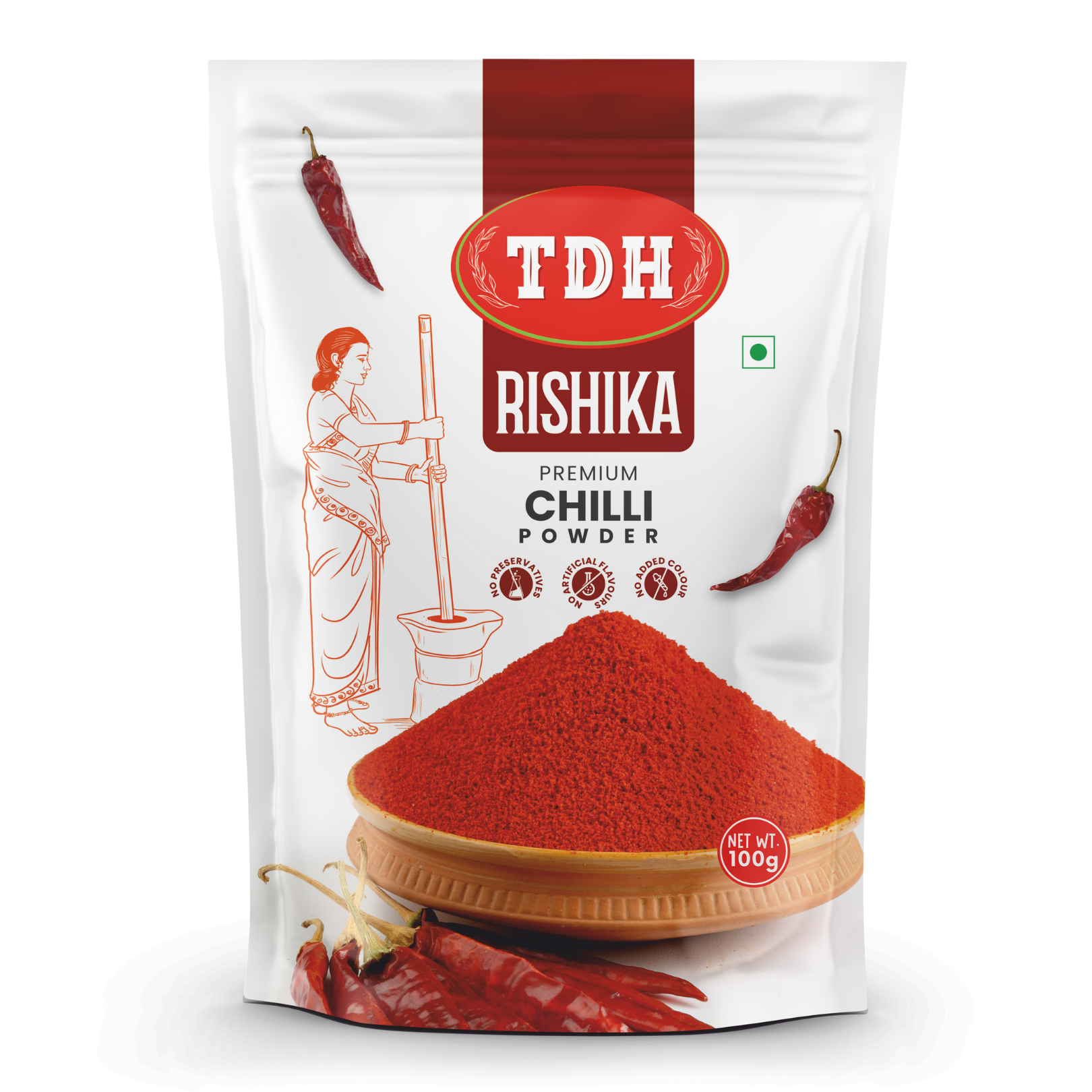 TDH Rishika Premium Chilli Powder packaging on a white background