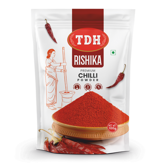 TDH Rishika Premium Chilli Powder packaging on a white background